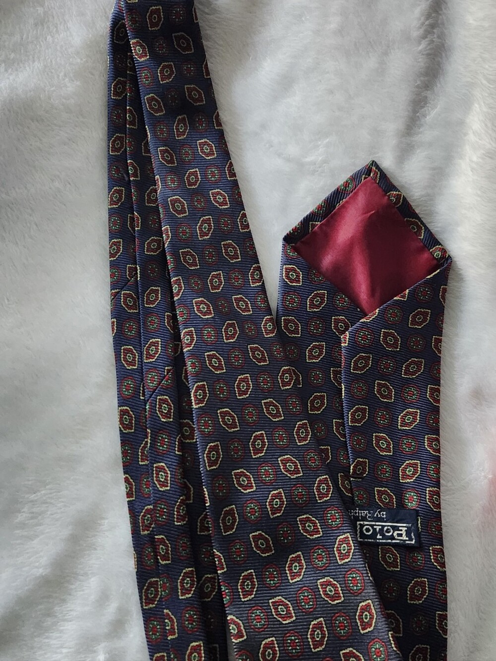 Polo by Ralph Lauren Men’s Navy Geometric Silk Tie with Red Accent